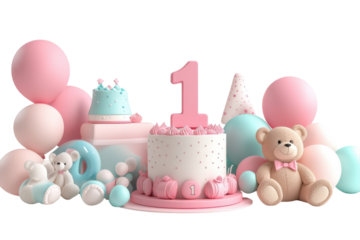 Charming first birthday celebration with pastel decorations and a delightful cake design isolated on transparent background