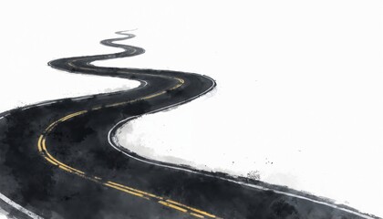 Winding road seamless repeatable pattern on white background. Black asphalt roadway watercolor drawing perfect for journey, travel or trip infographics and design projects. Empty way clip art element.