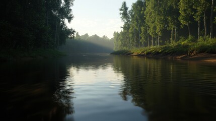 Serene river flowing through lush green forest at dawn with soft sunlight illuminating the scene