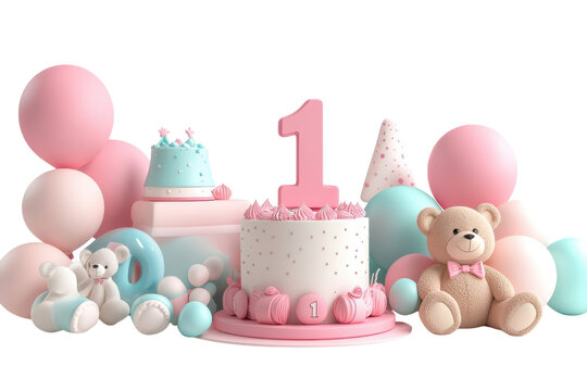 Charming first birthday celebration with pastel decorations and a delightful cake design isolated on transparent background