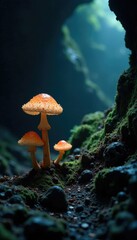 Fototapeta premium Mysterious skull-shaped mushrooms growing in a dark mountain cave, dark, damp, mysterious