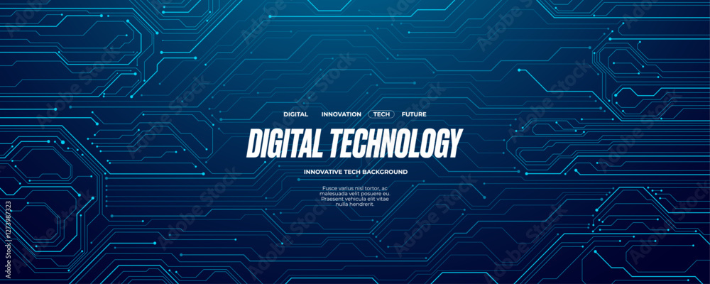 Poster Abstract circuit board wires in light blue on dark navy technology background. Artificial Intelligence banner concept. Futuristic AI tech bg. Digital line pattern. Computer Vector illustration.