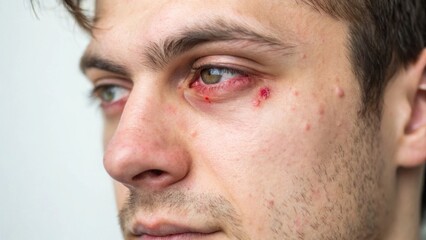 Obraz premium Close-up of a young man with skin blemishes and redness around the eyes, showcasing a common skin concern and highlighting the importance of skin care