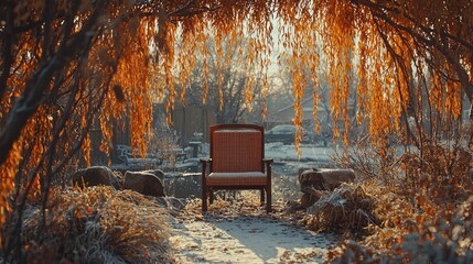 Serene winter scene with empty chair under golden willow snowy garden tranquil nature photography