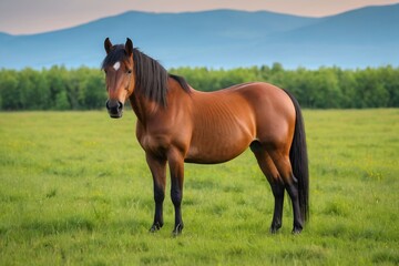 Fototapeta premium there is a brown horse standing in a field with mountains in the background
