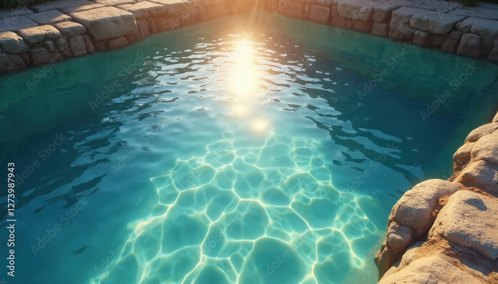 Poster sunlight filters through crystal clear pool water, creating dancing light pattern. aquatic liquid ba