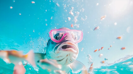 Obraz premium Humorous Underwater World: A Fish Wearing Diving Mask in a Summer Sea