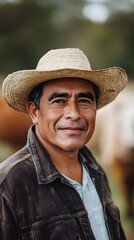 Fototapeta premium Portrait of a smiling farmer in a straw hat standing in a field on a sunny day