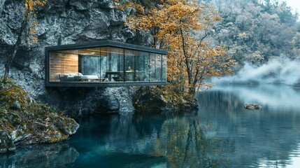 Fototapeta premium Modern Glass Cabin Overlooking Serene Lake Surrounded by Nature
