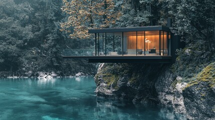 Modern Glass House on Rocky Cliff Overlooking Serene Blue Water