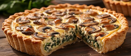 Freshness Fungus Gourmet, Creamy Spinach and Mushroom Quiche with a Flaky Pastry Crust