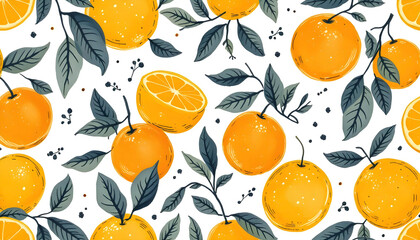 Vibrant citrus fruits and delicate leaves in a hand-drawn seamless pattern perfect for modern decor