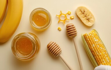 Obraz premium Close-up of natural glucose sources such as honey, banana, and corn with honey dippers on a warm yellow background, highlighting sweet and organic ingredients
