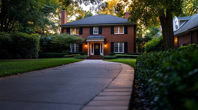 Inviting brick home with glowing windows nestled within lush greenery
