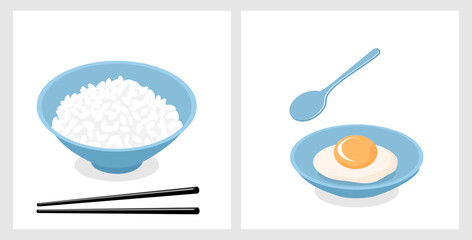 Rice bowl with chopsticks, spoon, dish and egg icon sign isolated on white background vector.