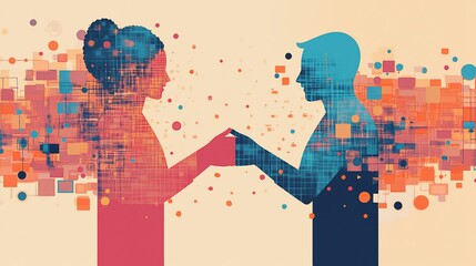 Digital couple holding hands, abstract connection.