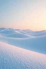 Softly glowing snow covered dunes under pale morning sky, calm atmosphere, snowy dunes, peaceful scene