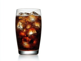 Refreshing Carbonated Soft Drink with Ice Cubes in Clear Glass Against Simple White Background for Beverage Promotion and Advertising