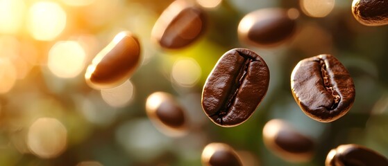 Fototapeta premium Dark Nutty Bitter, Floating Coffee Beans Surrounded by Warm Sunlight and Vibrant Bokeh
