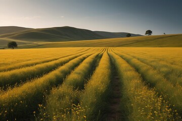Fototapeta premium arafed field of yellow flowers with a lone tree in the distance