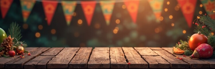 Empty rustic wooden table with Christmas holiday decor, Mexican festive garland bokeh lights in soft background. Space for product, banner or text. Concept of holiday celebration, christmas party.