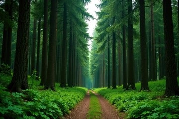 Obraz premium Towering pine trees create a majestic green wall along a winding forest path, nature, wilderness, scenery