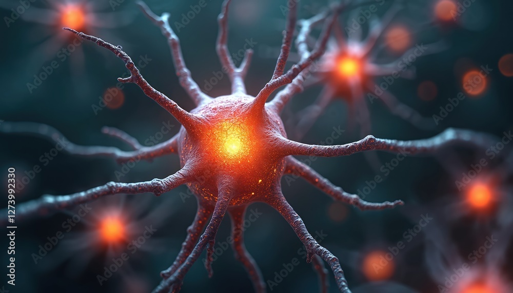 Poster illustration of nerve cells, neuron sending electric signals in human brain for neural activities, n