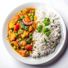 Vegetarian Curry with Rice Close-Up View on Plain Background
