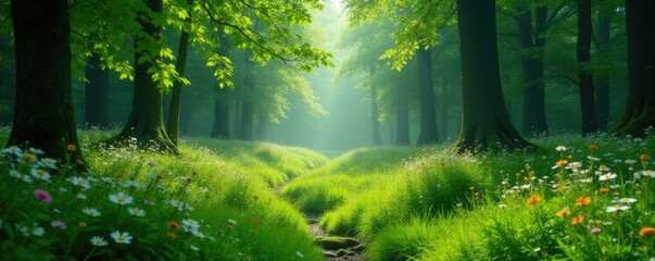 Fototapeta premium Verdant forest glades with wildflowers and trees, peaceful, green