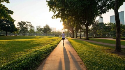 Lone runner on path in sunlit urban park surrounded by lush greenery