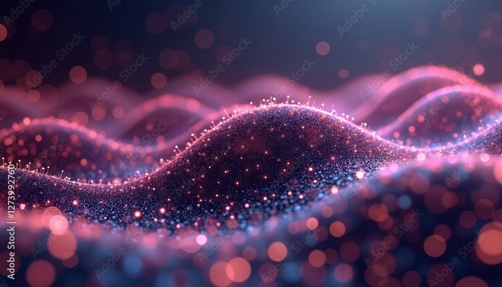 Poster abstract big data visualization showcases info analytics. wavy streams, ball arrays, binary code, ma