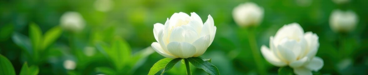White peony flowers unfurl on a bed of emerald green, garden, elegant, verdant