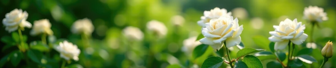 Obraz premium White roses gently sway in the breeze amidst a sea of green foliage, rose garden, botanical