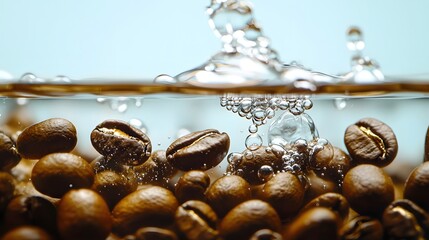 Dark Nutty Bitter, Submerged Coffee Beans in Liquid with Bubbles and Splashes
