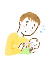 困った表情で赤ちゃんにミルクをあげている父親の手描きイラスト