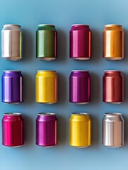 Assorted Vibrant Aluminum Cans Displayed on a Blue Surface with Condensation Drops Pattern