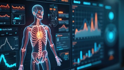 Digital health journal on screen. Human body skeleton, health status charts, graphs on futuristic interface. Remote monitoring system. Patient logs symptoms, communicates with medical team.