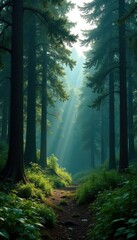 Fototapeta premium A dense forest with towering trees and underbrush, trees, foliage, wilderness