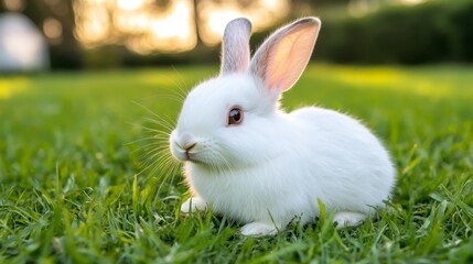 Adorable Bunny Sunset Meadow - A fluffy white bunny rabbit sits in a vibrant green meadow at sunset. Symbolizing: peace, innocence, spring, nature, hope