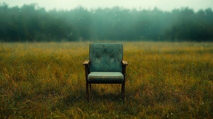 Fototapeta premium Lonely chair surrounded by tall grass misty forest background outdoor scene tranquil atmosphere