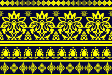 Aztec tribal geometric vector background Seamless stripe pattern. yellow hue against a deep navy background Traditional ornament ethnic style. Design for textile, fabric, clothing, curtain, rug, ornam