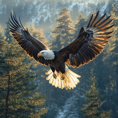 Fototapeta premium A realistic image of a bald eagle soaring high above a forest, with its wings spread wide and the sky clear