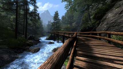 Obraz premium Scenic wooden bridge over a flowing river in a lush forest with mountains in the background