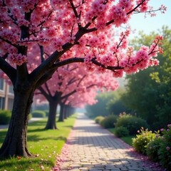 Naklejka premium Delicate pink petals unfold along the tree's branches, bloom, cobblestone pathway, flowers