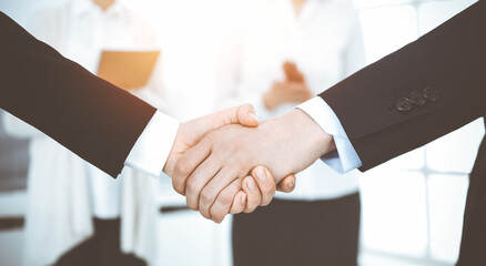 Businessman and woman shaking hands with colleagues at the background. Handshake at meeting in sunny office