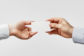 Hands exchanging blank card, studio, grey background, mockup (1)