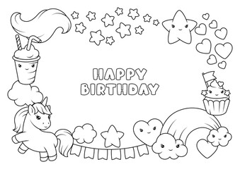 Background with unicorn. Happy birthday party invitation.