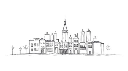Obraz premium Adorable Hand-Drawn Sketch of a Charming City with Cute Buildings, Streets, and Playful Urban Details