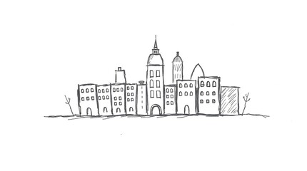 Fototapeta premium Adorable Hand-Drawn Sketch of a Charming City with Cute Buildings, Streets, and Playful Urban Details
