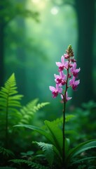 Dainty orchids and ferns gently swaying in a misty forest atmosphere, ferns,